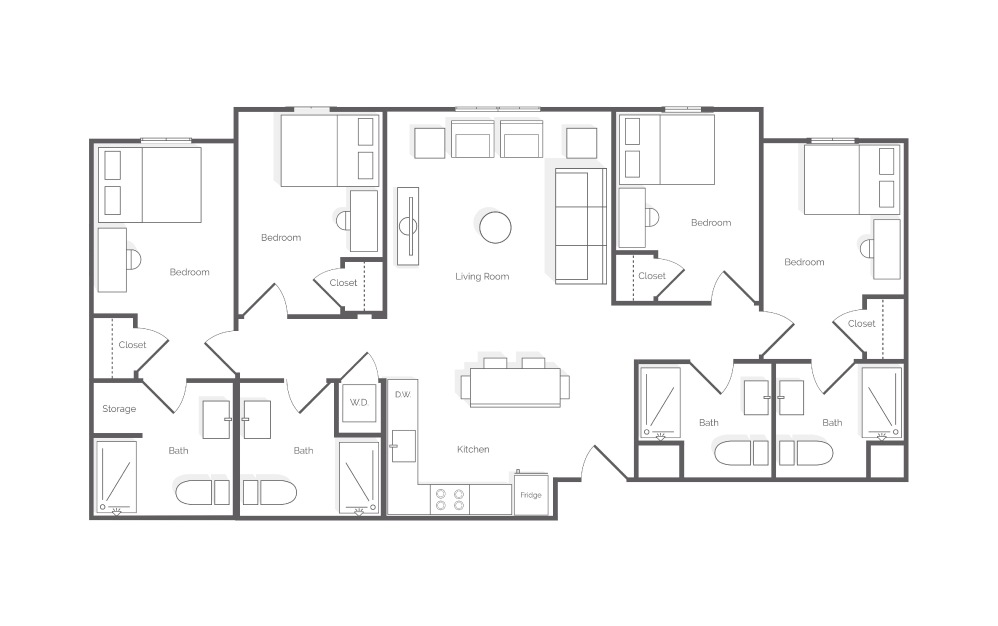 D1.2 - 4 bedroom floorplan layout with 4 baths and 1331 square feet. (2D)