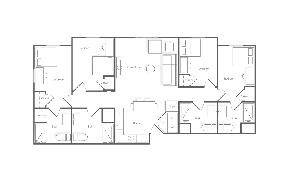 D1.2a - 4 bedroom floorplan layout with 4 baths and 1370 square feet.