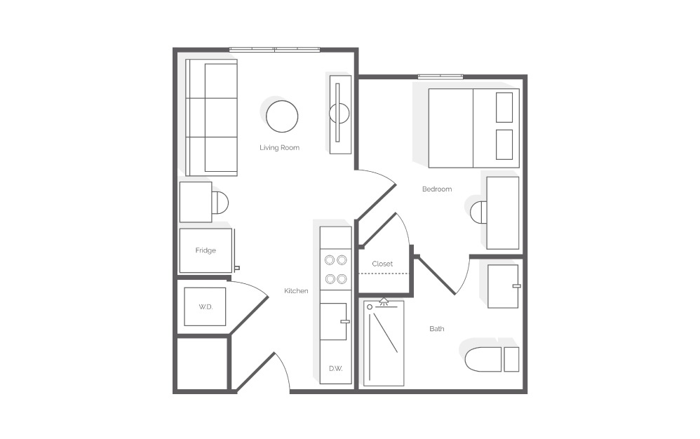 A1 - 1 bedroom floorplan layout with 1 bath and 364 square feet. (2D)