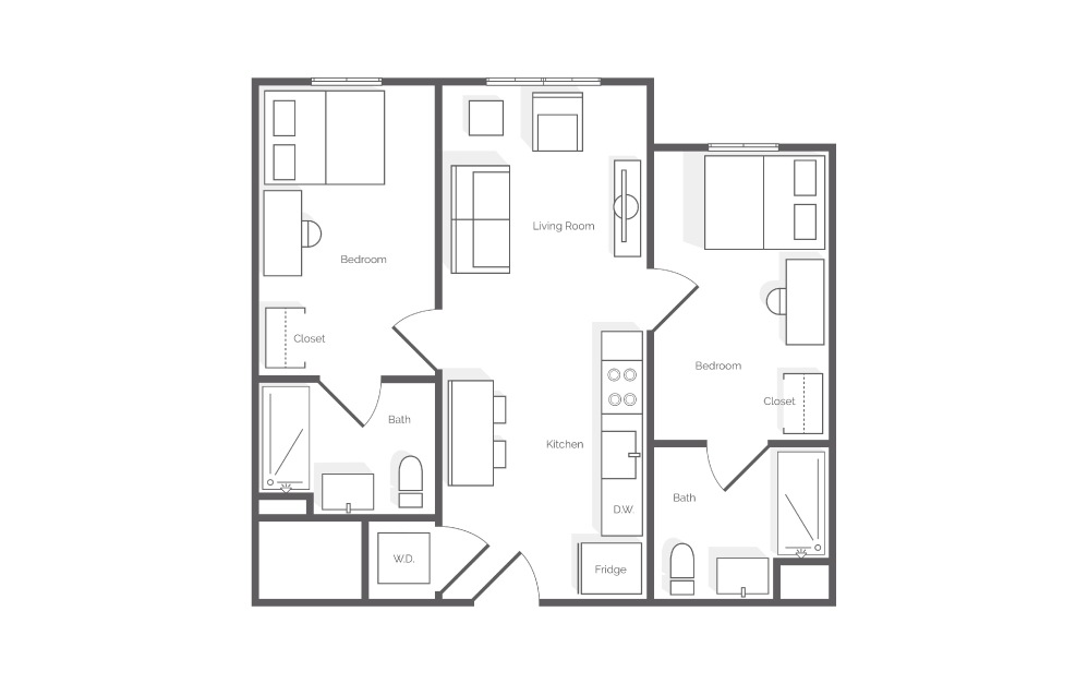 B1 - 2 bedroom floorplan layout with 2 baths and 591 square feet.