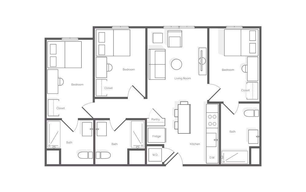 C1 - 3 bedroom floorplan layout with 3 baths and 886 square feet.