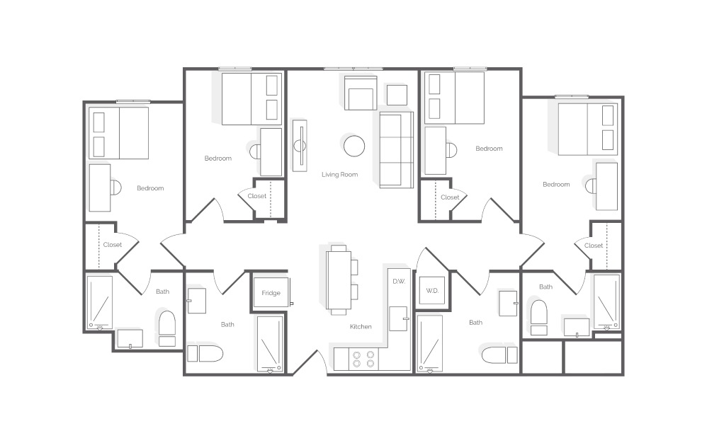 D1.1 - 4 bedroom floorplan layout with 4 baths and 1189 square feet.