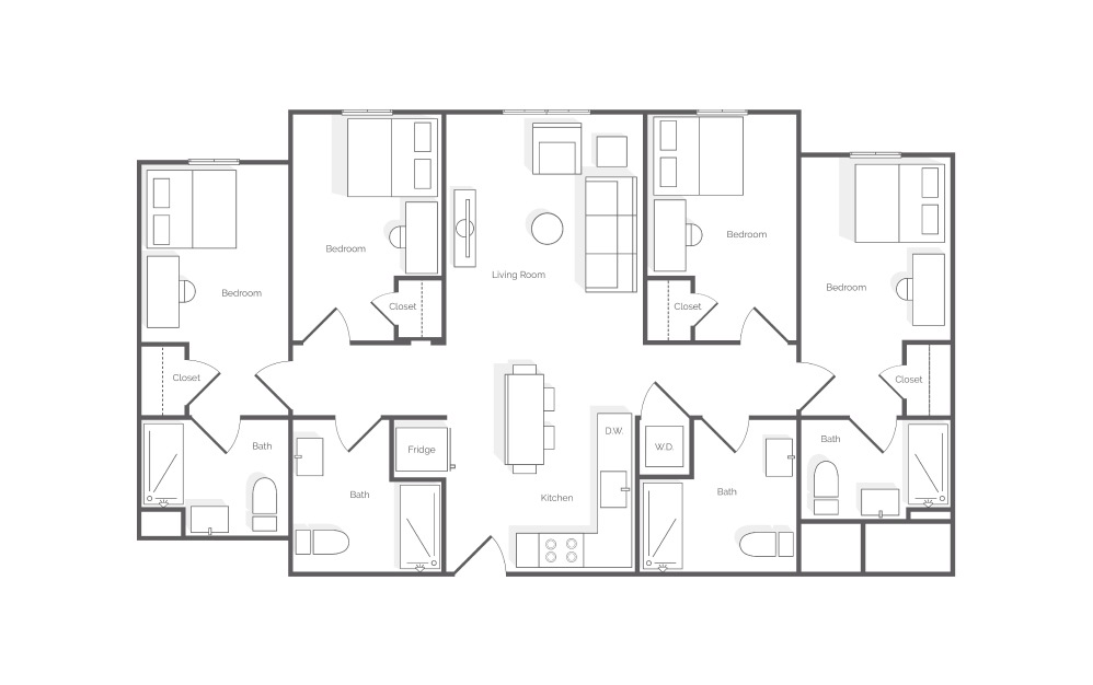D1 - 4 bedroom floorplan layout with 4 baths and 1191 square feet.