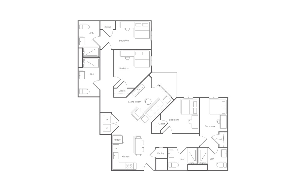 D2 - 4 bedroom floorplan layout with 4 baths and 1354 square feet.